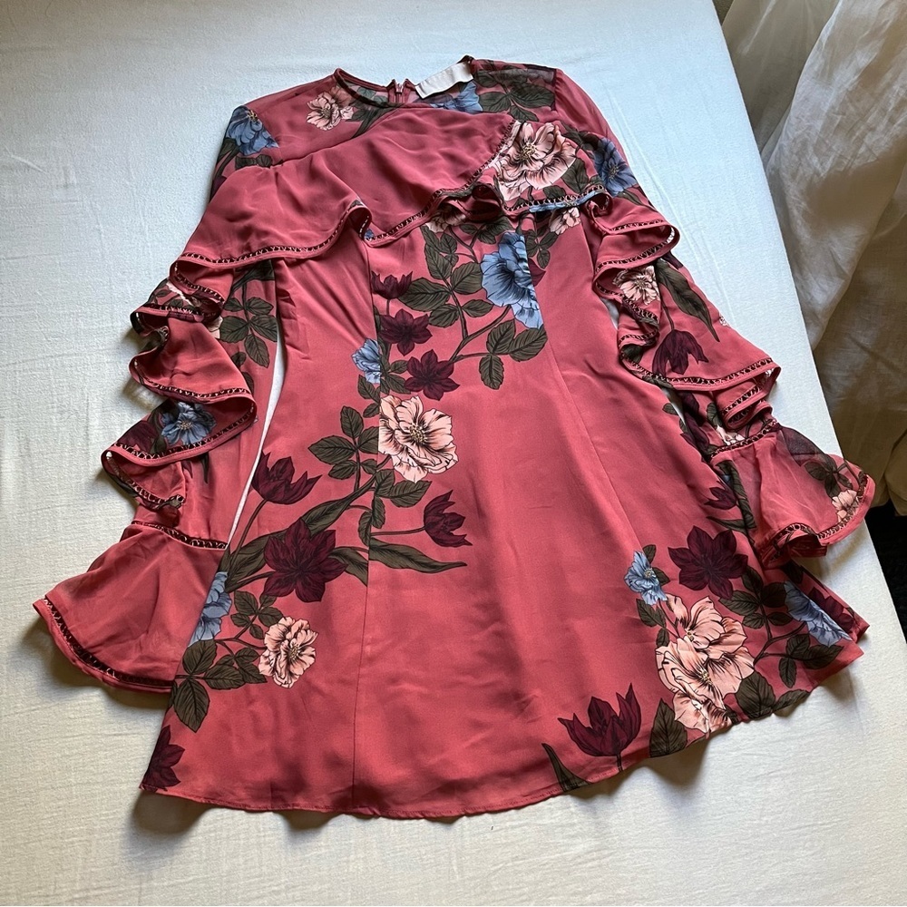 Keepsake Pink Floral Sheer Ruffle Long Sleeve Mini Dress